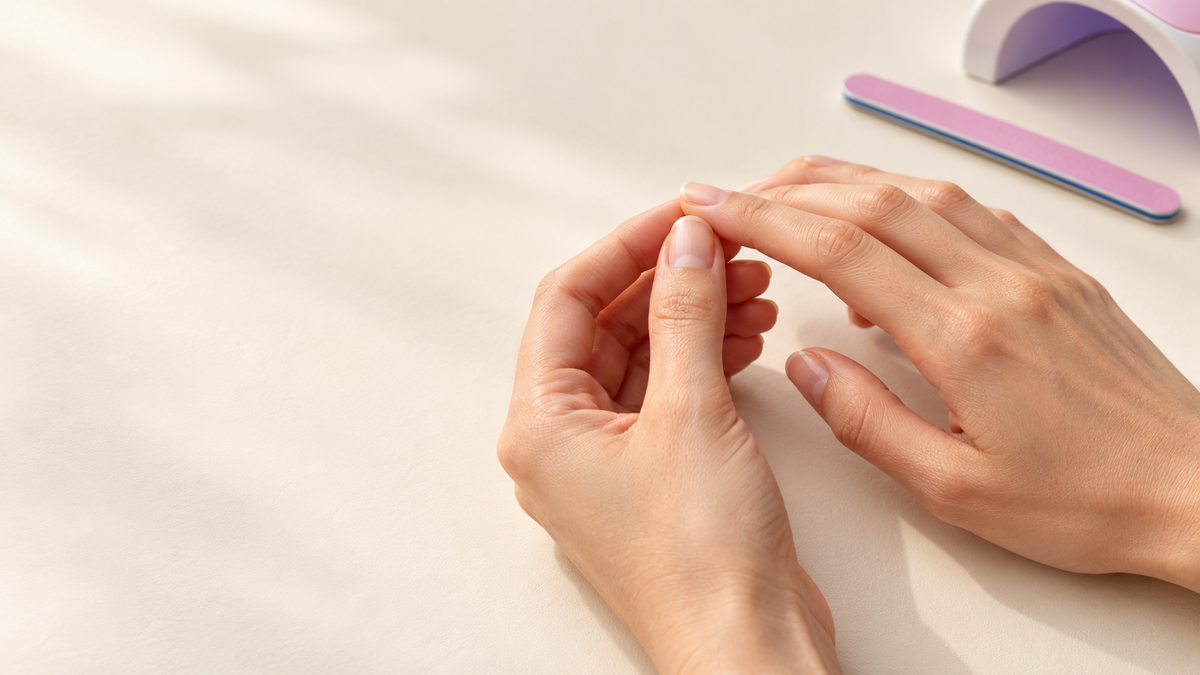 Hands with bare, natural nails gently cradling a fingertip, with a nail file and UV lamp nearby on a cream surface.