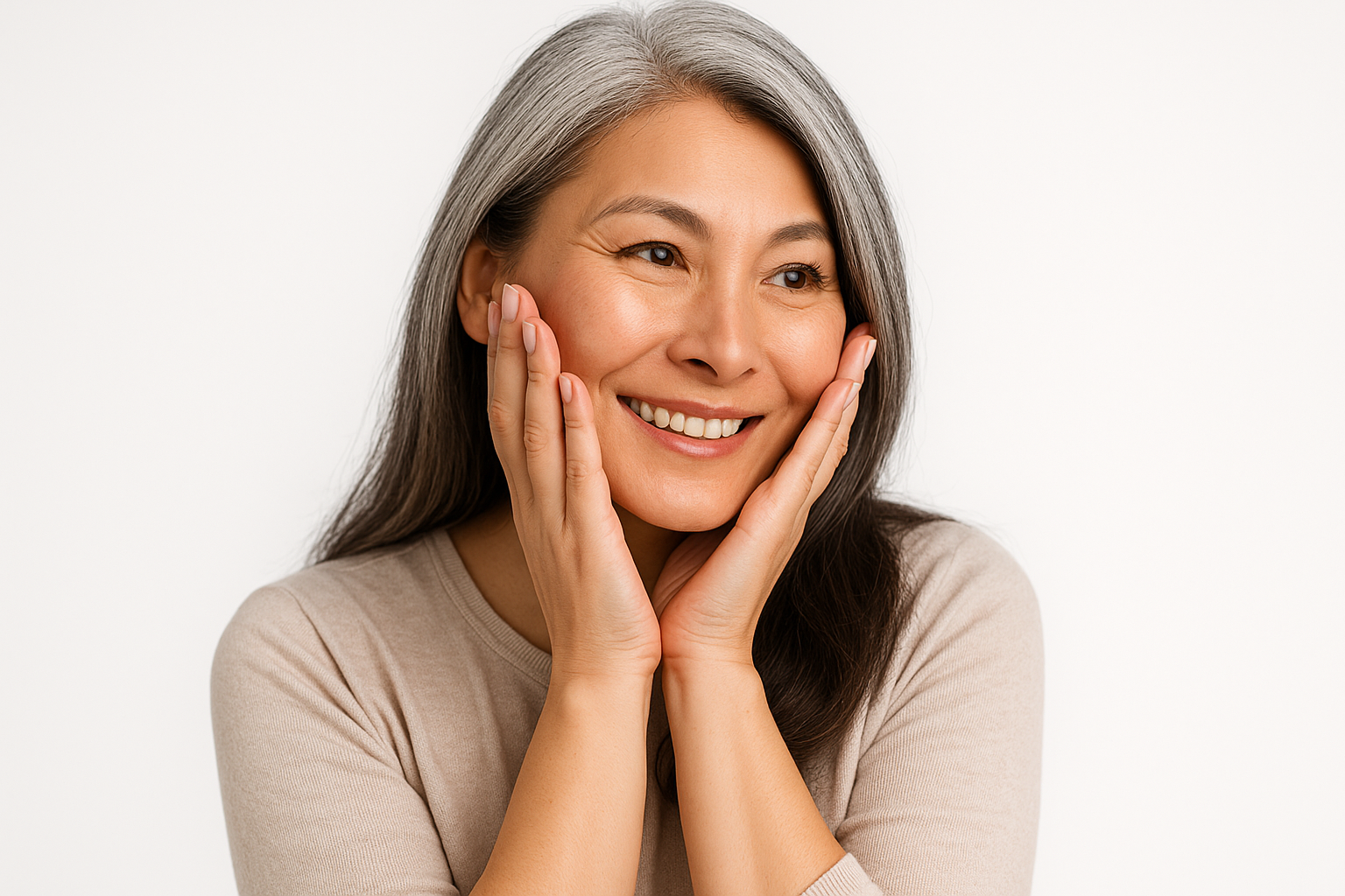 A person with long gray hair is holding her both hands in front of their face, and smiling. The person is wearing a beige long-sleeve shirt.The background is plain white.