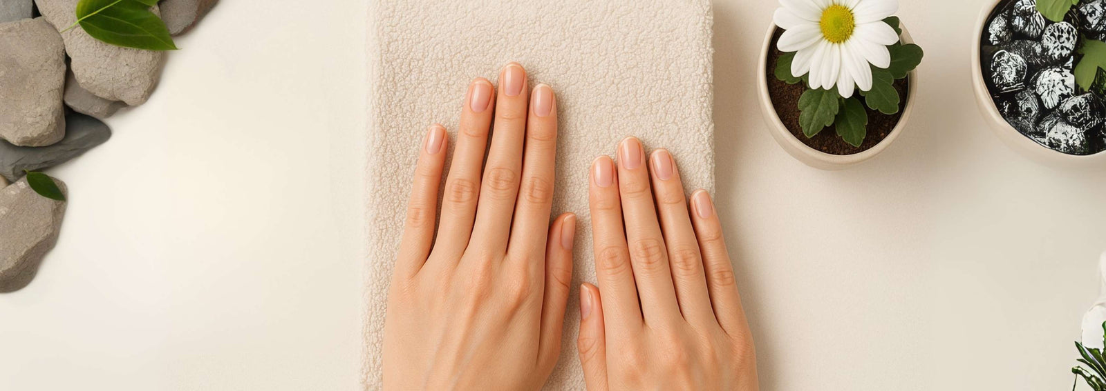 Manicured hands on a beige towel, with stones, green leaves, and small potted plants nearby.