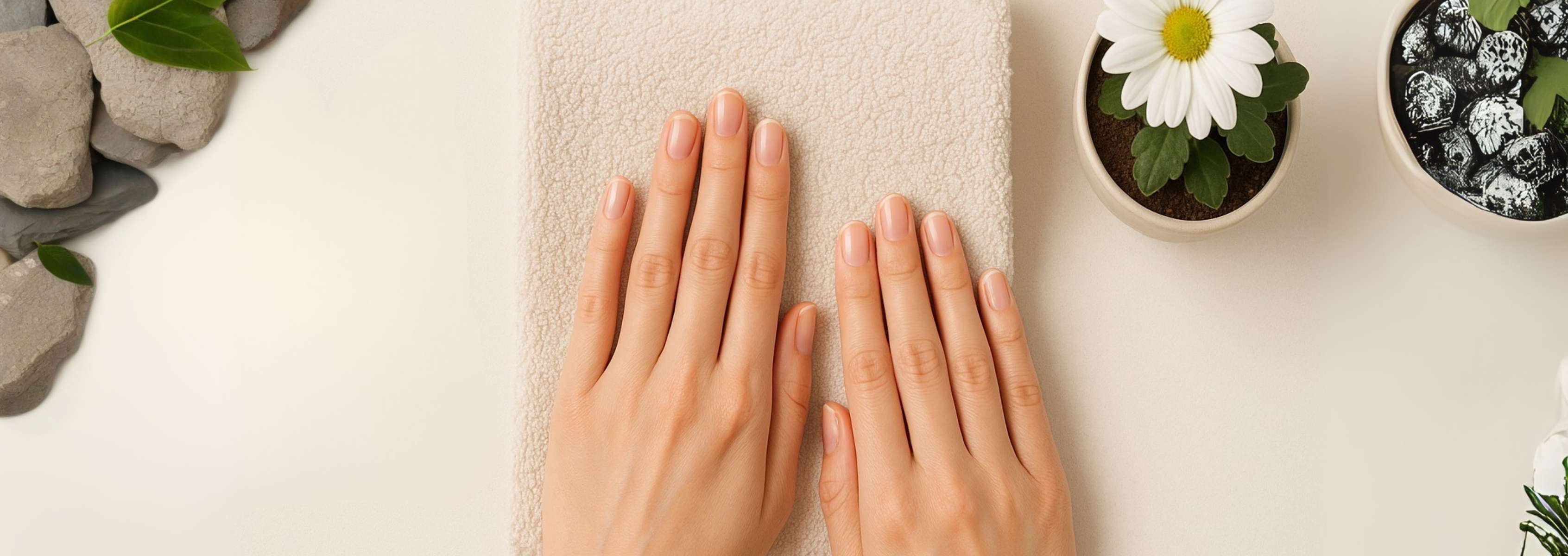Manicured hands on a beige towel, with stones, green leaves, and small potted plants nearby.