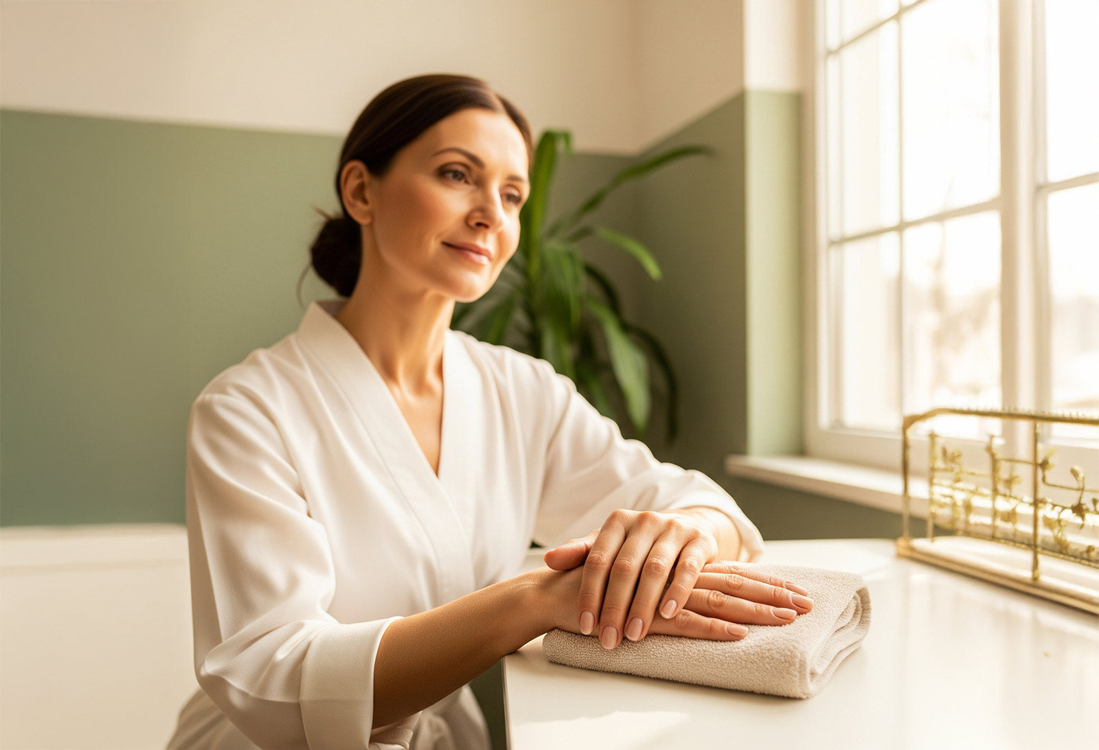 A serene scene depicts a 40-year-old woman in her 40s, content and well-groomed, in a warm, inviting background with neutral tones and green touches, promoting a nurturing, empowering aesthetic.