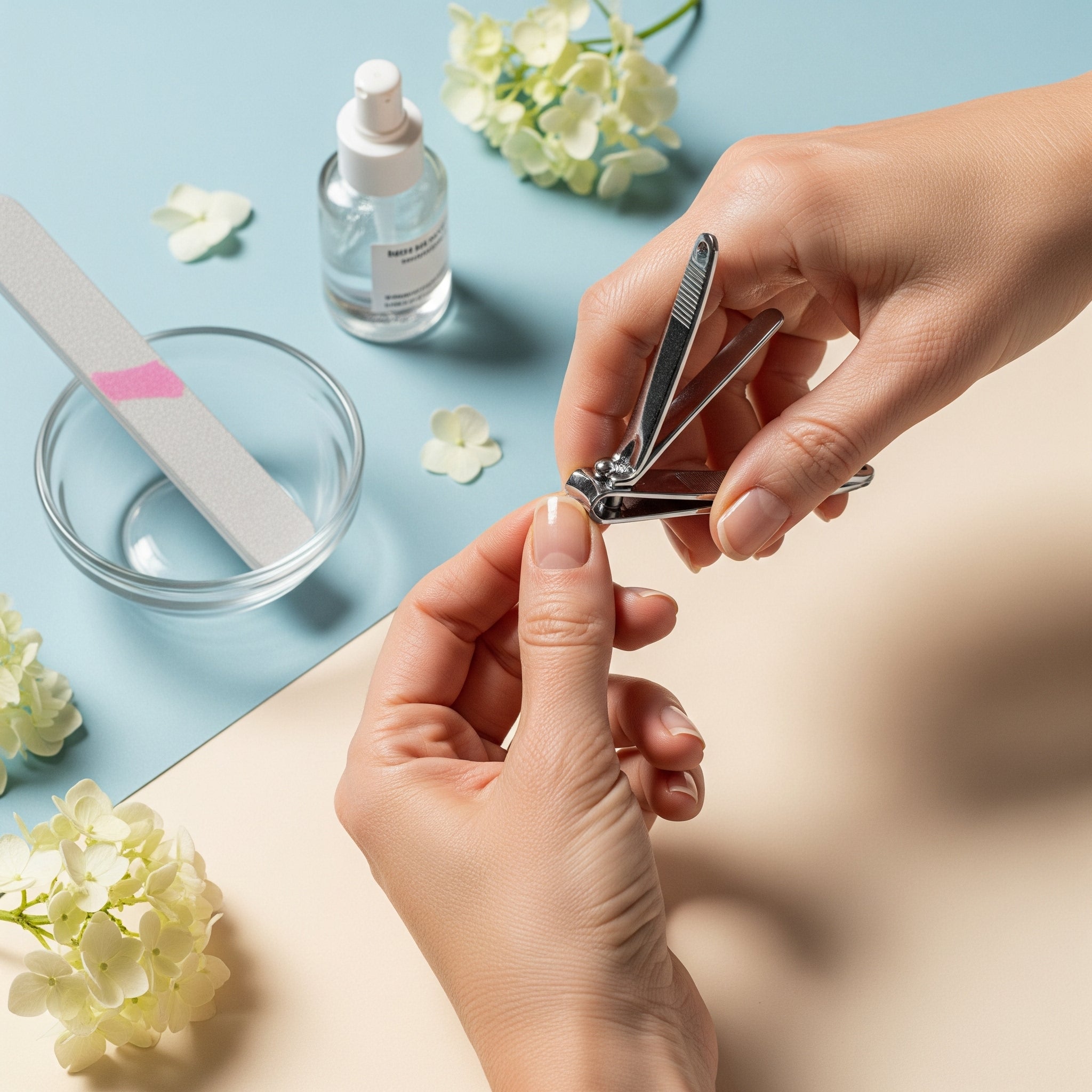 Close-up focus on the hand clipping the fingernail, the soft pastel aesthetic background with scattered nail care tools, flowers, and soft lighting, as well as the high-resolution, wellness-focused, and minimalistic composition