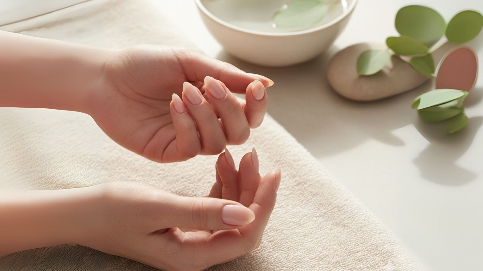 Close-up of well-manicured hands with natural, healthy nails resting on a towel in a spa-like setting