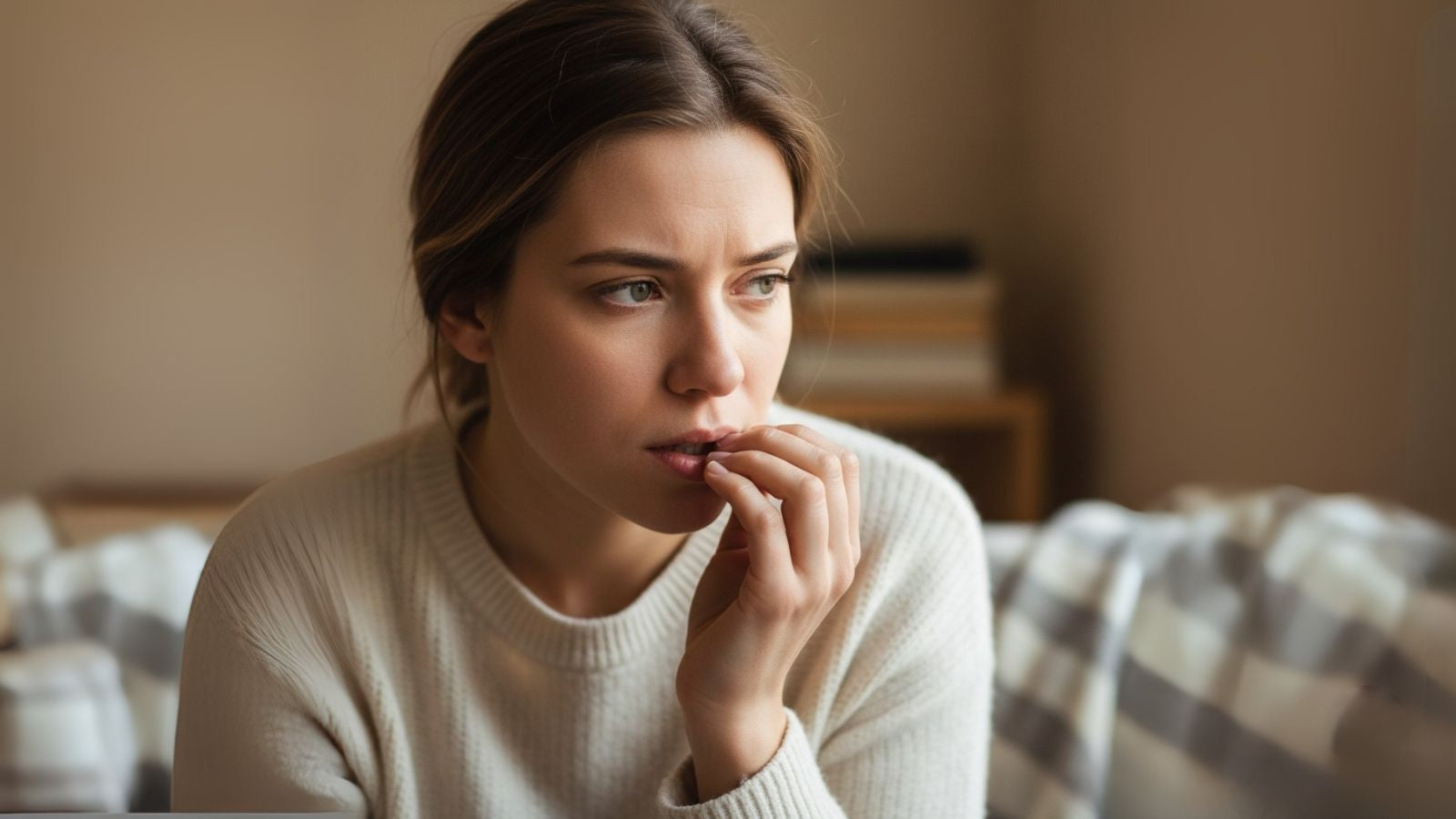 Young woman in a cream sweater biting her nails, looking anxious on a sofa in soft natural light.