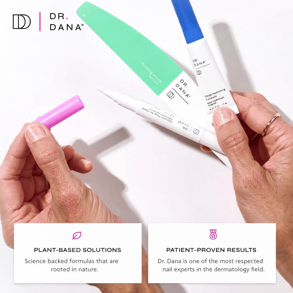 Promotional image for Dr. Dana showing hands holding three nail care tools with text highlighting plant-based solutions and patient-proven results.