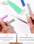 Promotional image for Dr. Dana showing hands holding three nail care tools with text highlighting plant-based solutions and patient-proven results.